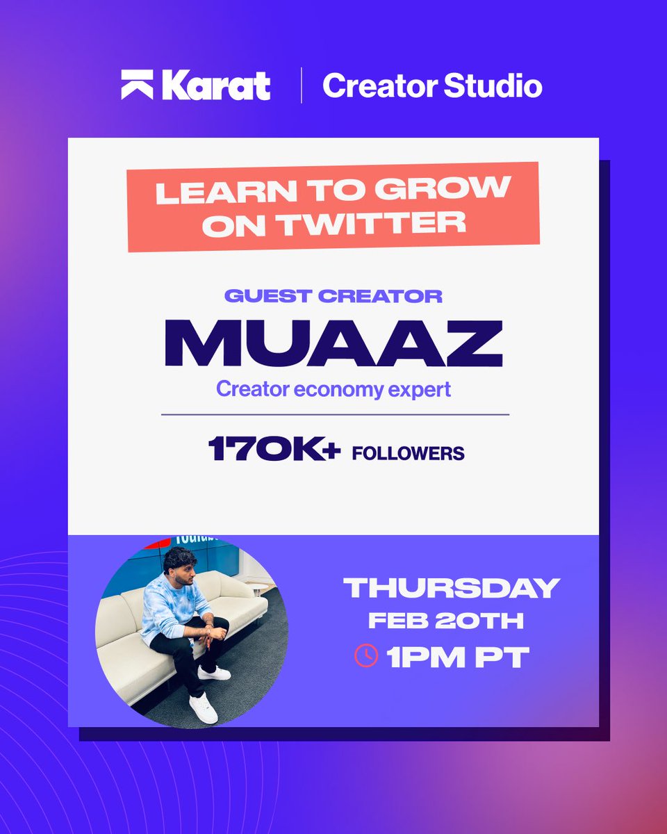 Excited to host <a href="/mws/">Muaaz</a> 's masterclass tomorrow on how to grow on Twitter - it's 1pm PST Thursday- join via this link for our live chat in Discord! link.trykarat.com/muaaz