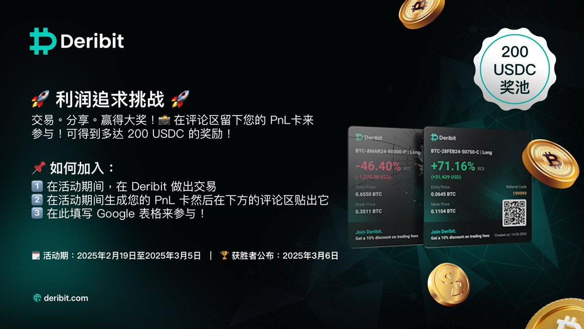 DeribitCN's tweet photo. 🔥 准备好参与利润追求挑战了吗？ 🔥

您有机会展示您的交易技能，然后赢得：

🎁 奖励：
🥇 第 1 名：50 USDC
🥈 第 2 名，第 3 名，第 4 名，第 5 名：每人 25 USDC
🎲 随机抽奖：5 位幸运的交易者可得 10 USDC

📌 如何加入：
1️⃣ 在活动期间，在 Deribit 做出交易
2️⃣ 在活动期间生成您的 PnL 卡然后在下方的评论区贴出它
3️⃣ 在此填写 Google 表格来参与！https://t.co/RBx49QqKsJ

💡 幸运会眷顾勇敢者。让您的交易技能大放光彩，然后赚的您的奖励！ 💰

#Deribit #TradeandWin