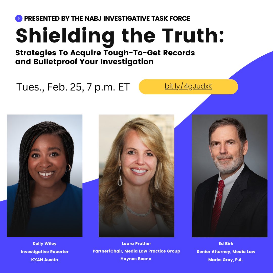 NABJInvestigate's tweet image. Join us on Feb. 25th at 7 p.m. ET to learn strategies to get tough to get records and bulletproof your investigations. We have an all-star panel of First Amendment attorneys with experience in helping journalists strengthen their reporting.
Register here: bit.ly/4gJudxK