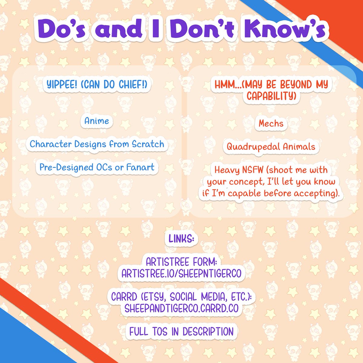 SheepAndTigerCo's tweet photo. Opening commissions, it's been awhile so I'm opening around 4 slots.
Commission Form: https://t.co/hwXlcMGORM
Full ToS (please read!): https://t.co/SXbC7Qq6jJ

My last laptop crapped out so anything helps. If you need help with the form let me know. #Commission #commissionsopen https://t.co/AXBwuim0q4