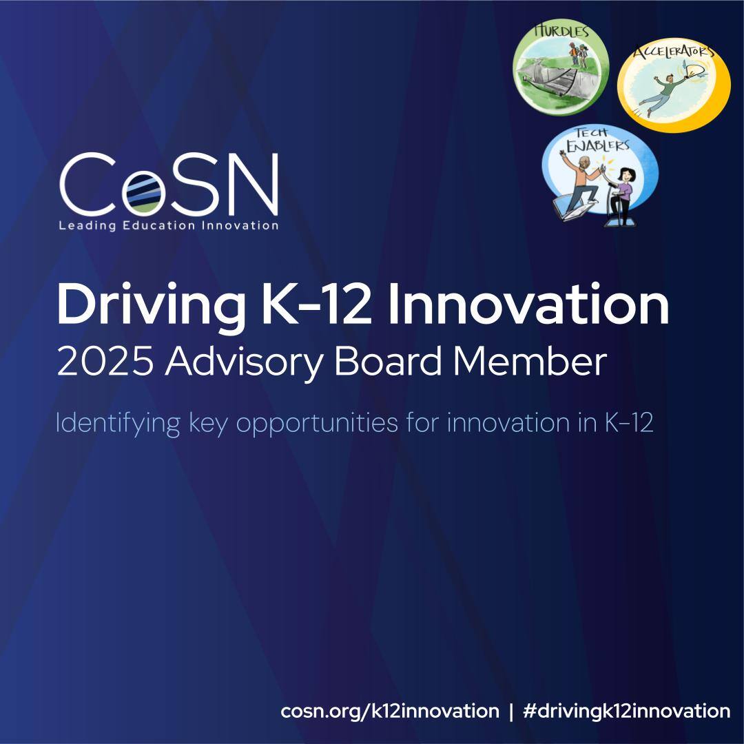 IU13EdTech's tweet image. We're thrilled to share that our own Ken Zimmerman served on CoSN’s Advisory Board to identify the top hurdles, accelerators, &amp;amp; tech enablers for schools in 2025. 

Discover the topics for #drivingK12innovation this year in @CoSN’s latest report! hubs.li/Q037shQ30