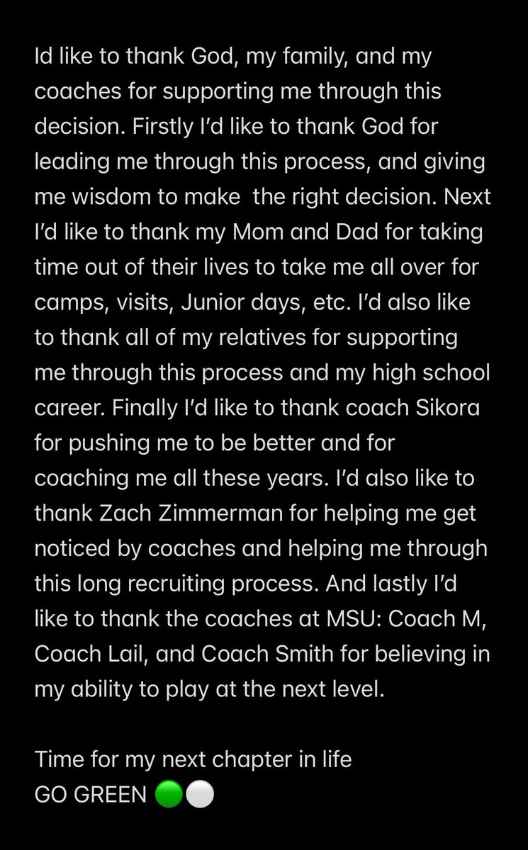 Eli Bickel (@eli_bickel_26) on Twitter photo Finally found home🏠…….
GO GREEN🟢⚪️
100% Committed
<a href="/FBCoachM/">Jim Michalczik</a>
<a href="/Coach_Smith/">Jonathan Smith</a>
<a href="/MSU_Football/">Michigan State Football</a>
<a href="/MSUFBRecruiting/">Spartan Recruiting</a>
<a href="/TheD_Zone/">The D Zone</a>
<a href="/PrepRedzoneMI/">Prep Redzone Michigan</a>
<a href="/SeanLevyMSU/">Sean Levy</a>
<a href="/Coach_Sikora/">Chris Sikora</a>
<a href="/Coach__Zimm/">Zach Zimmerman</a>
<a href="/MIexposure/">Michigan exposure</a> Finally found home🏠…….
GO GREEN🟢⚪️
100% Committed
<a href="/FBCoachM/">Jim Michalczik</a>
<a href="/Coach_Smith/">Jonathan Smith</a>
<a href="/MSU_Football/">Michigan State Football</a>
<a href="/MSUFBRecruiting/">Spartan Recruiting</a>
<a href="/TheD_Zone/">The D Zone</a>
<a href="/PrepRedzoneMI/">Prep Redzone Michigan</a>
<a href="/SeanLevyMSU/">Sean Levy</a>
<a href="/Coach_Sikora/">Chris Sikora</a>
<a href="/Coach__Zimm/">Zach Zimmerman</a>
<a href="/MIexposure/">Michigan exposure</a>