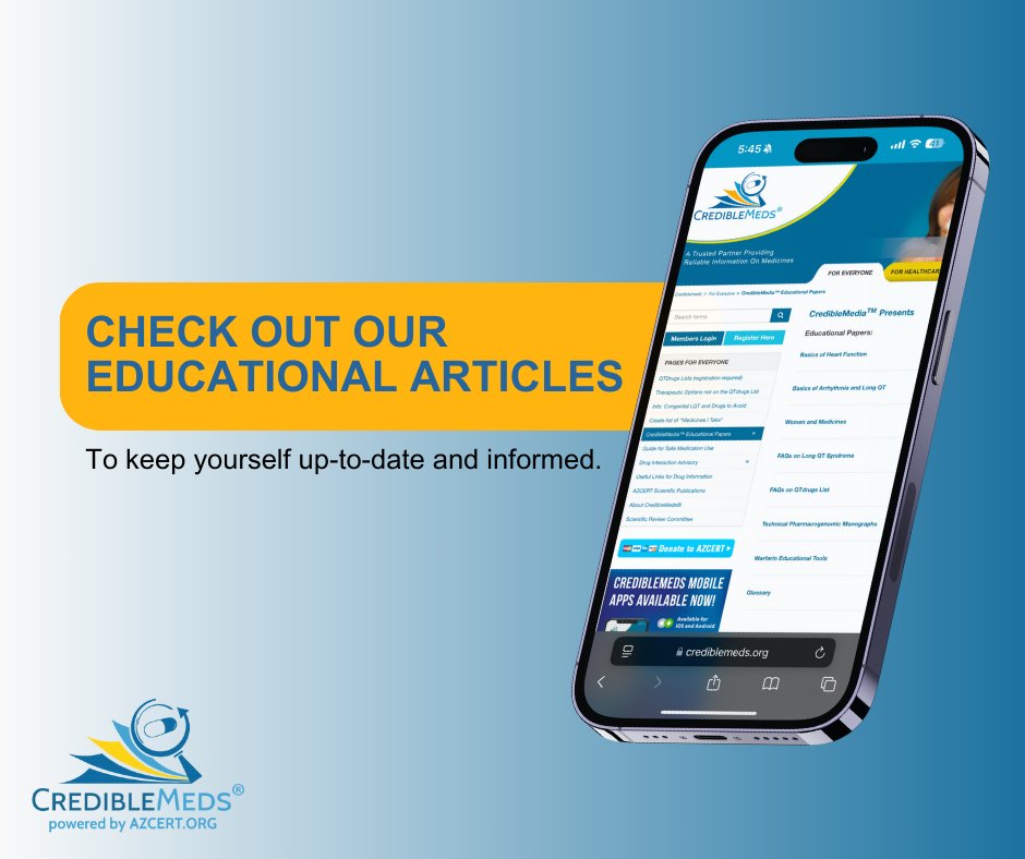 Check out CredibleMeds educational articles to keep yourself up to date and informed.

crediblemeds.org/everyone/artic…

#CredibleMeds #MedicationSafety #EducationalArticles #QTdrugs #QTdrugsList #MedicationSafety #LongQT #LQTS