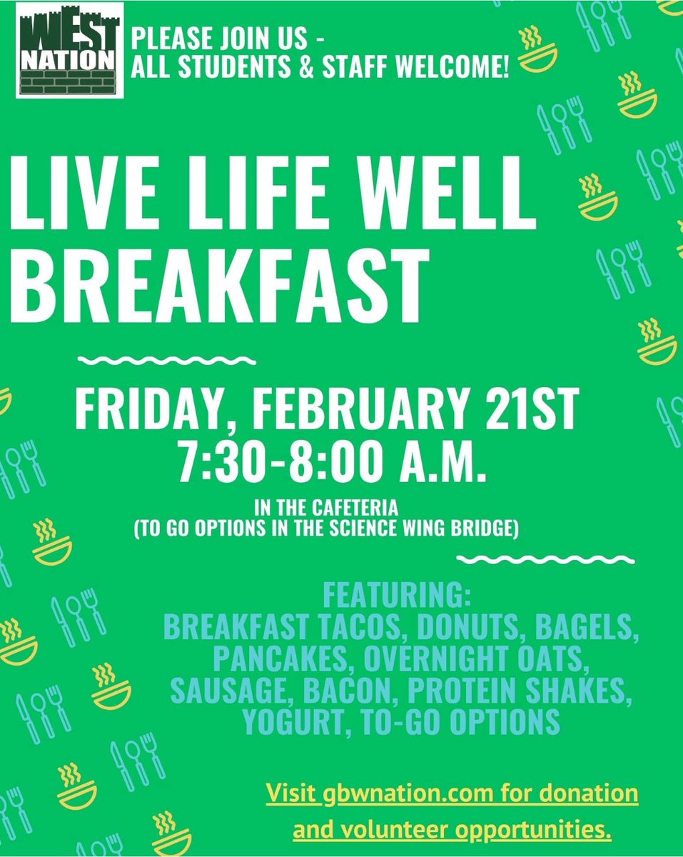 Hey West Nation Parents! The Live Life Well Breakfast is THIS FRIDAY! Last call to fill spots available for contributions. Please consider a donation of money, goods, or time. Check available spots here: signupgenius.com/go/10C0C44AEA8…
