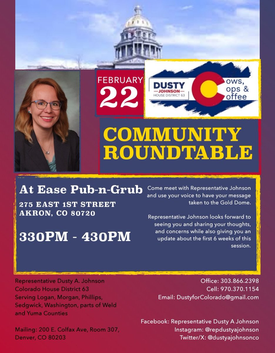 DustyAJohnsonCO's tweet image. UPCOMING Community Roundtable this Saturday, February 22nd, from 3:30PM to 4:30PM at At Ease Pub -N- Grub in Akron. I hope to see you there!
#HD63 #ComeToTheTable #RoundtableDiscussion #VoiceFromPlainsToGoldDome