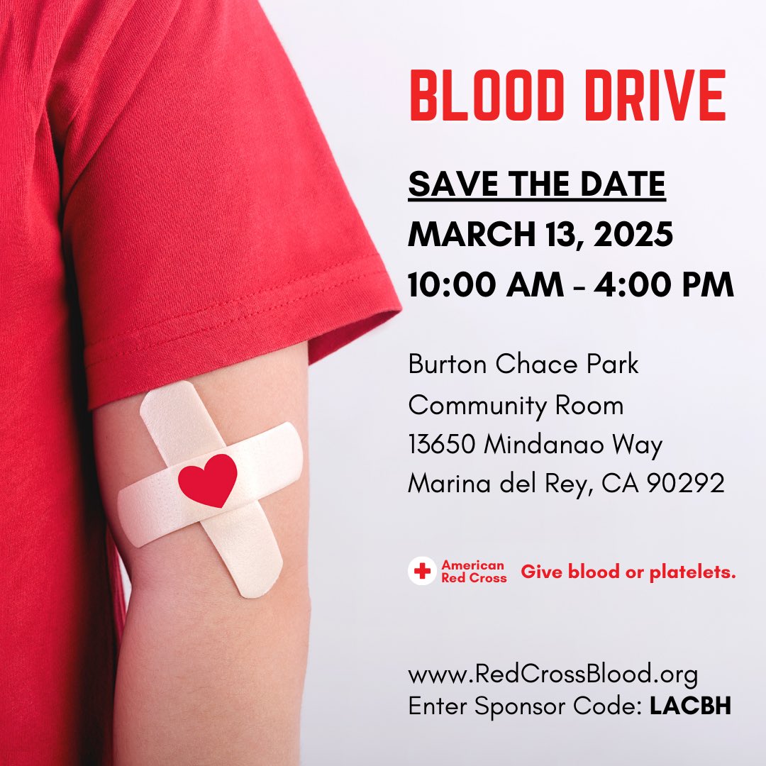 Sign up to donate🩸at our upcoming Blood Drive on Thursday, 03/13, 10 AM – 4 PM, at Burton Chace Park – Community Room.

To make your life-saving appointment, please visit RedCrossBlood.org &amp; enter sponsor code: LACBH or call 1-800-RED-CROSS.