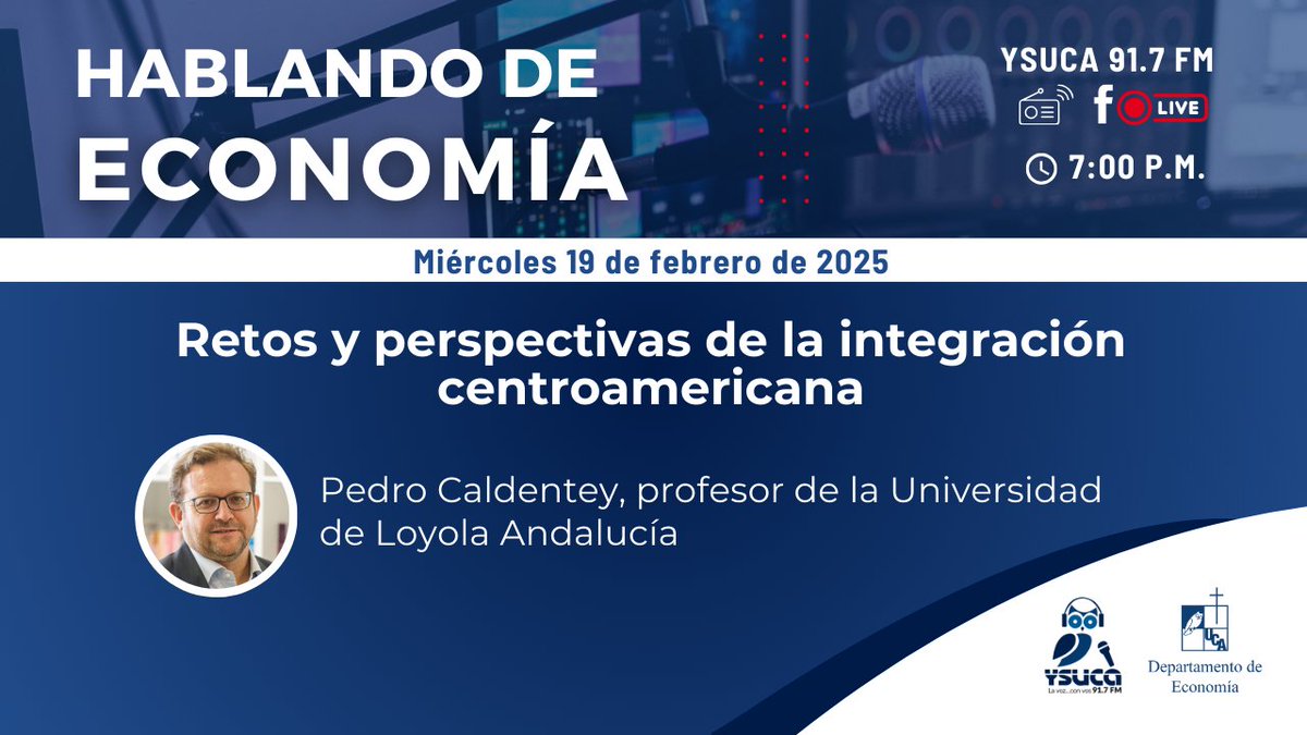 EconomiaUCA_SV's tweet photo. 📻Hoy en Hablando de Economía conversaremos sobre los retos y perspectivas de la integración centroamericana.

📌Nos acompañará Pedro Caldentey, profesor de la Universidad Loyola Andalucía.

🎧Escúchenos en @ysuca91siete  a las 7 p.m. https://t.co/b3NnKOAjOG