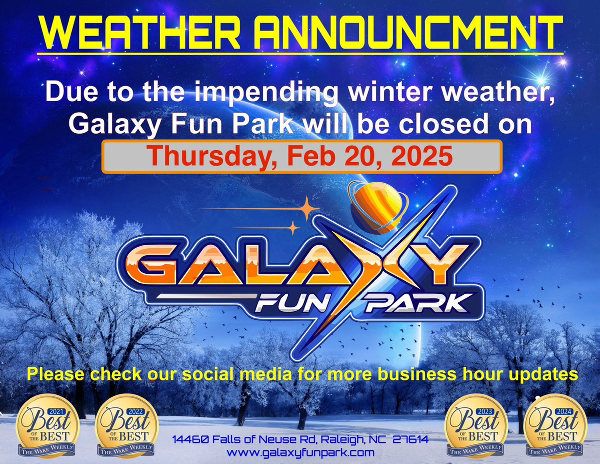 GalaxyFunPark's tweet photo. Galaxy Fun Park will be Closed on Thursday. https://t.co/kYxkzWUwkh