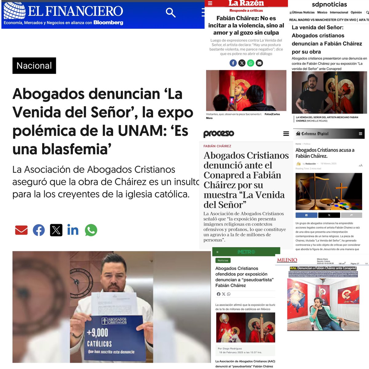 Medios nacionales, difunden la noticia de la DENUNCIA colectiva que presentamos, a nombre de más de 9,000 CATÓLICOS, en contra de Fabián Cháirez, el pseudo arista responsable de la exposición “La Venida de Cristo”.

No es lícito permanecer pasivos ante el error y el pecado.