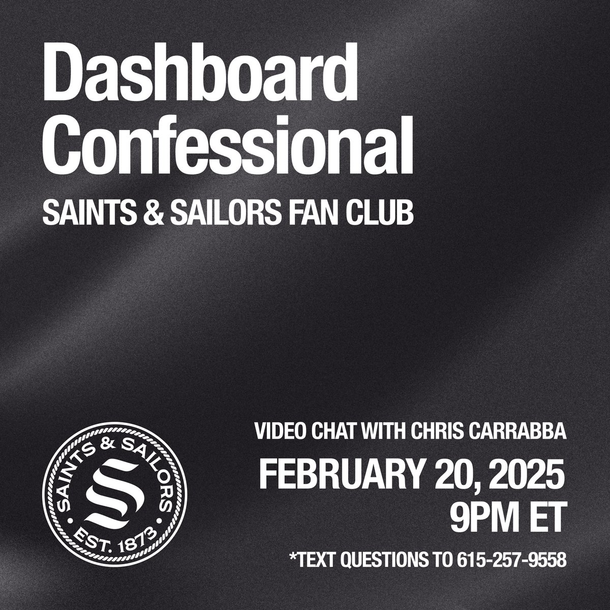 Join me tomorrow at 9pm ET for the February Fan Club video chat! Sign up for a Saints membership now to be a part: dashboardconfessional.com/pages/club-det… Text your questions to 615-257-9558