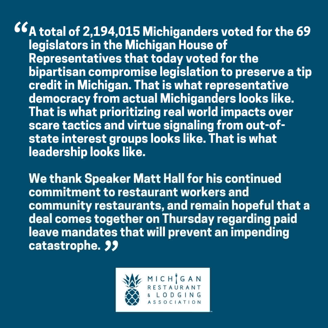 Tonight, the House passed SB 8, preserving Michigan's tip credit to protect server jobs &amp; community restaurants. Next up: HB 4002 addressing paid sick leave mandates, which is tie-barred to SB 8. Read MRLA President &amp; CEO Justin Winslow's statement ⬇️