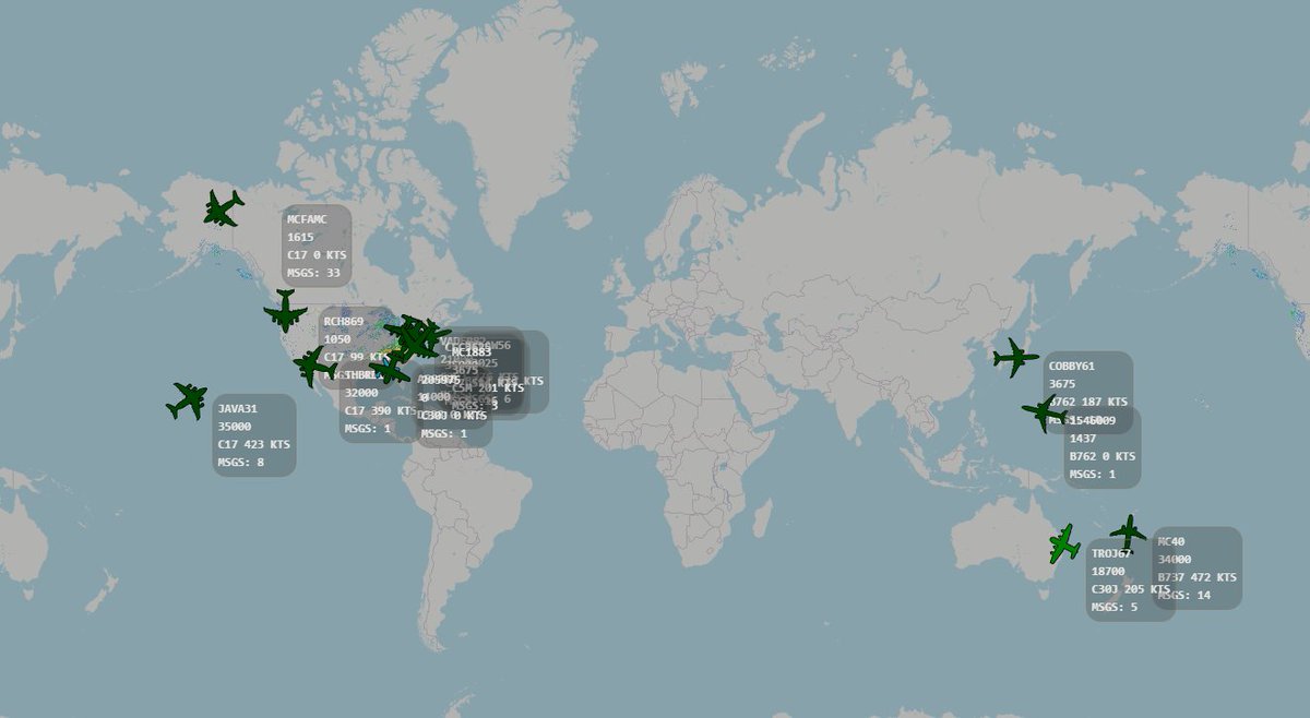 thebaldgeek's tweet image. For the most part, the new military ACARS map matches the 'U' button on the tbgmap site.
This is not by accident. The latter feeds the former with some #nodered glue in the middle.
So you might some stuff on the acarshub that is not on tbgmap.
Confused? Yeah. Me too.
User count?