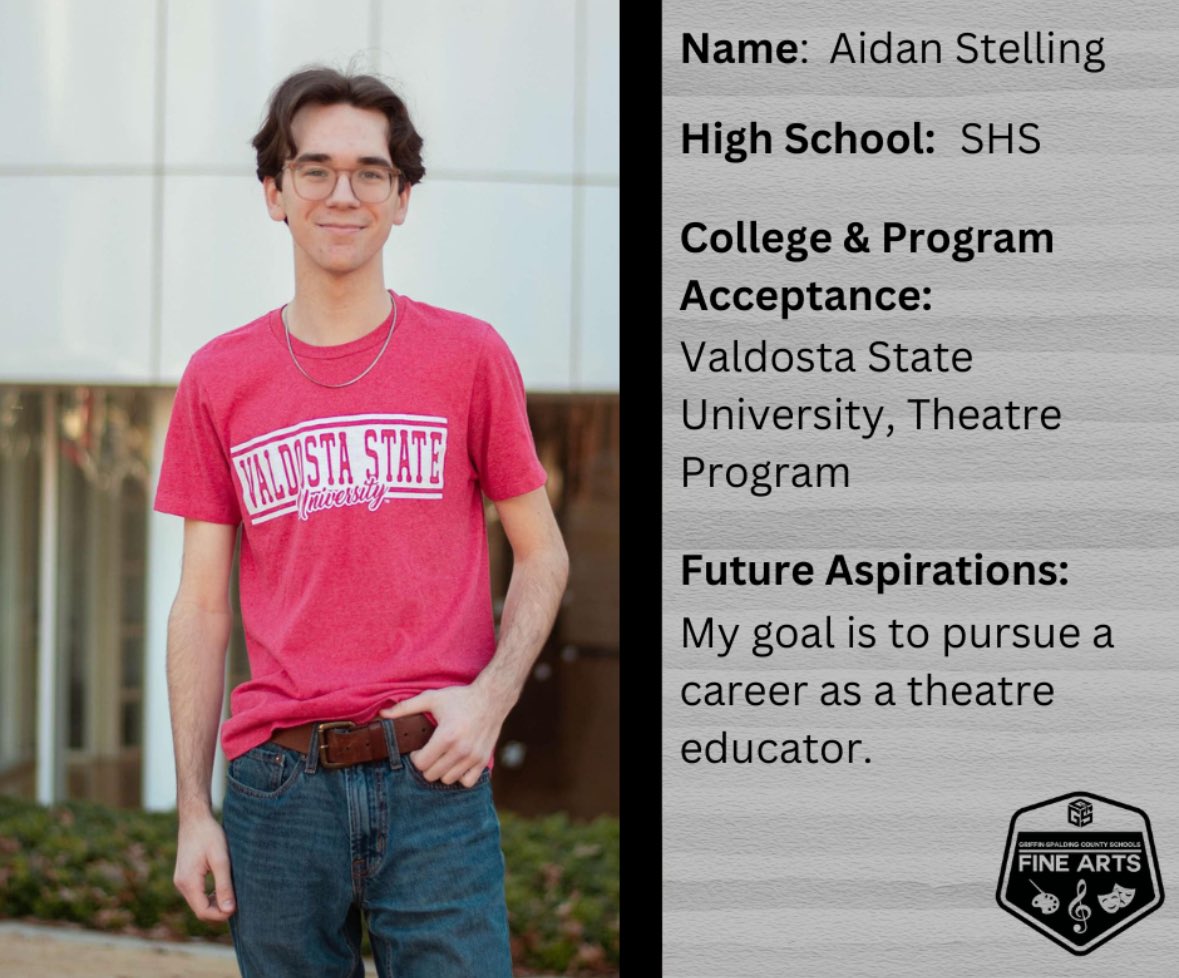 Please help us congratulate Aidan Stelling on his recent acceptance to the Theatre Program <a href="/valdostastate/">Valdosta State University</a> .🎭 <a href="/GriffinSpalding/">Griffin-Spalding K12</a> <a href="/SpaldingHigh/">Spalding High School</a>