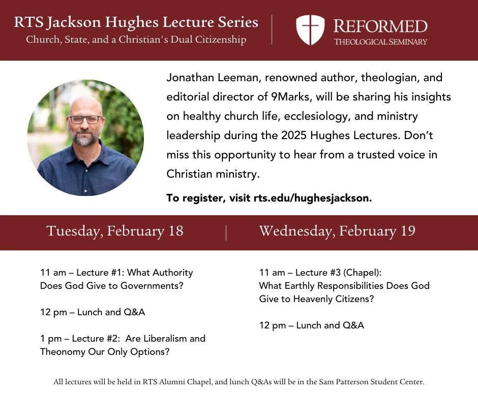 Ligon Duncan (@ligonduncan) on Twitter photo All of us at <a href="/RTSJackson/">RTS Jackson</a> truly enjoyed our time with Dr. <a href="/JonathanLeeman/">Jonathan Leeman</a> of <a href="/9Marks/">9Marks</a>, and appreciated his excellent Hughes Lectures on “Church, State, and a Christian’s Dual Citizenship.” All of us at <a href="/RTSJackson/">RTS Jackson</a> truly enjoyed our time with Dr. <a href="/JonathanLeeman/">Jonathan Leeman</a> of <a href="/9Marks/">9Marks</a>, and appreciated his excellent Hughes Lectures on “Church, State, and a Christian’s Dual Citizenship.”