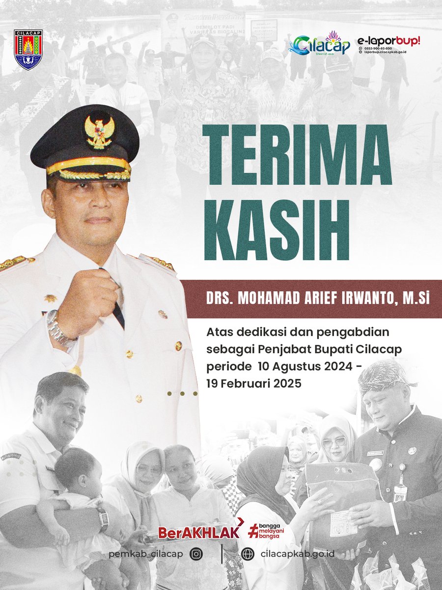 Terima kasih Bapak Drs. M. Arief Irwanto, M.Si atas dedikasi dan pengabdian selama memimpin Kab. Cilacap. Semoga segala upaya dan karya Bapak menjadi amal jariyah yang terus memberikan manfaat bagi Cilacap. Selamat melanjutkan langkah ke depan, sukses selalu.