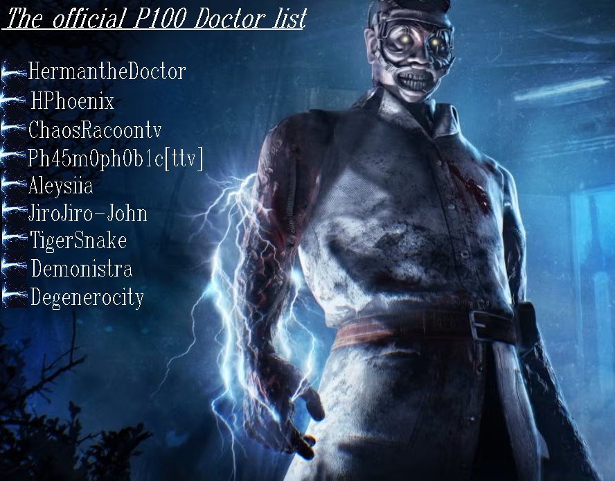 I like to thank the DbD community for helping me build this list. A special thanks go to the man, the legend, <a href="/HermanTheDoctor/">HermanTheDoctor</a> for re-tweeting this and allowing me to do this project on his behalf <3.If you're a P100 Doc, plz provide a P100 screenshot and I'll add ya to the list.