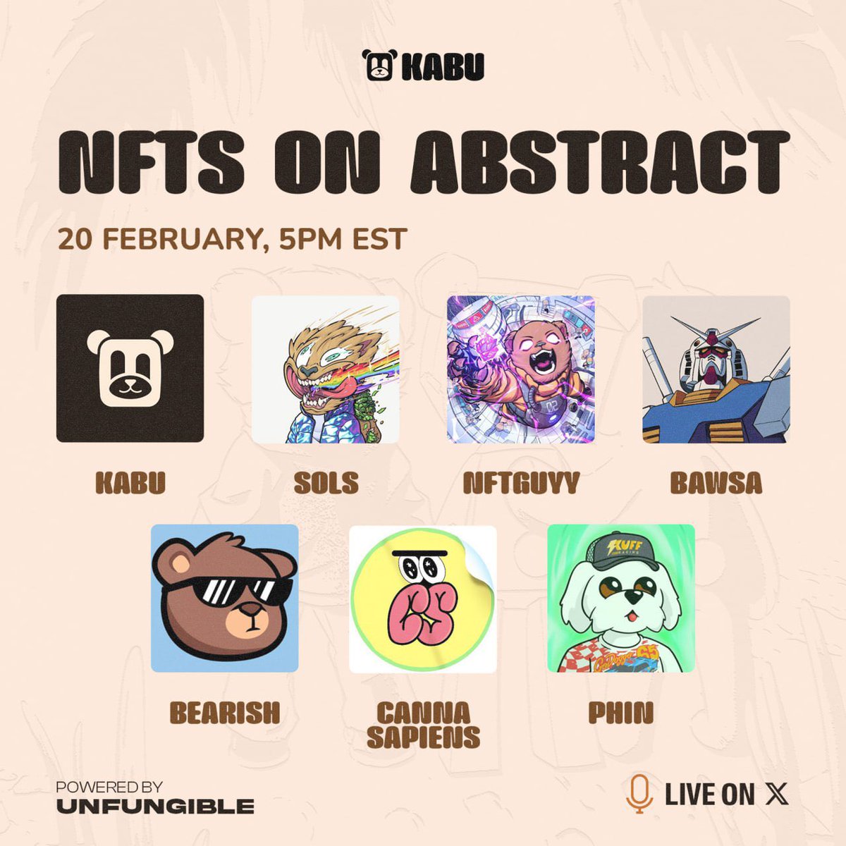Kabu Spaces #11 🎤 

‘NFTS on Abstract’

Join the Kabu Team and our guests
<a href="/bearish_af/">BEARISH</a>
@CannaSapiensNFT
@Phin_totten

5:00 PM EST / Feb 20th

Set your reminders in the tweet below 👇🏼