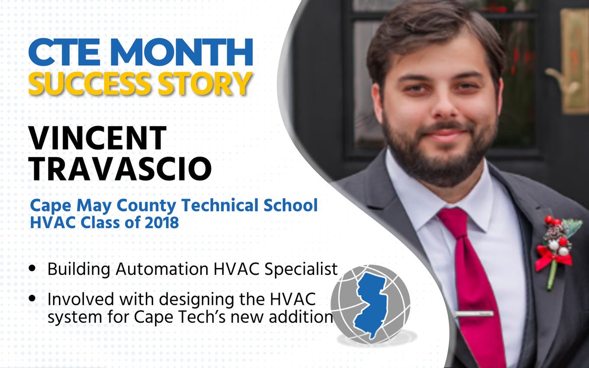 CareerTechNJ (@careertechnj) on Twitter photo Cape May Tech's #CTEMonth Success Story features a full circle moment for 2018 alumnus Vincent Travascio, a current employee of <a href="/Trane_Tech/">Trane Technologies</a>. After graduating from the HVAC program, he soon returned to work on the district's new addition. tinyurl.com/2r7ud2cz Cape May Tech's #CTEMonth Success Story features a full circle moment for 2018 alumnus Vincent Travascio, a current employee of <a href="/Trane_Tech/">Trane Technologies</a>. After graduating from the HVAC program, he soon returned to work on the district's new addition. tinyurl.com/2r7ud2cz