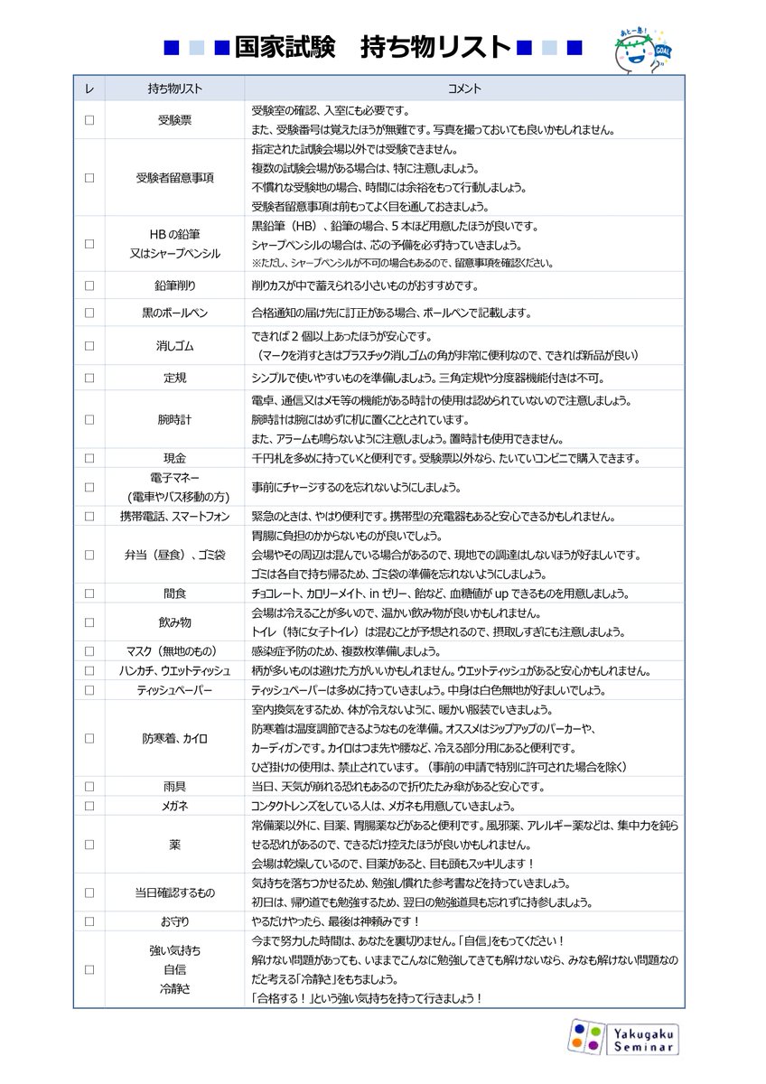 第110回薬剤師国家試験の持ち物チェック】 明日ホテルに移動する予定の
