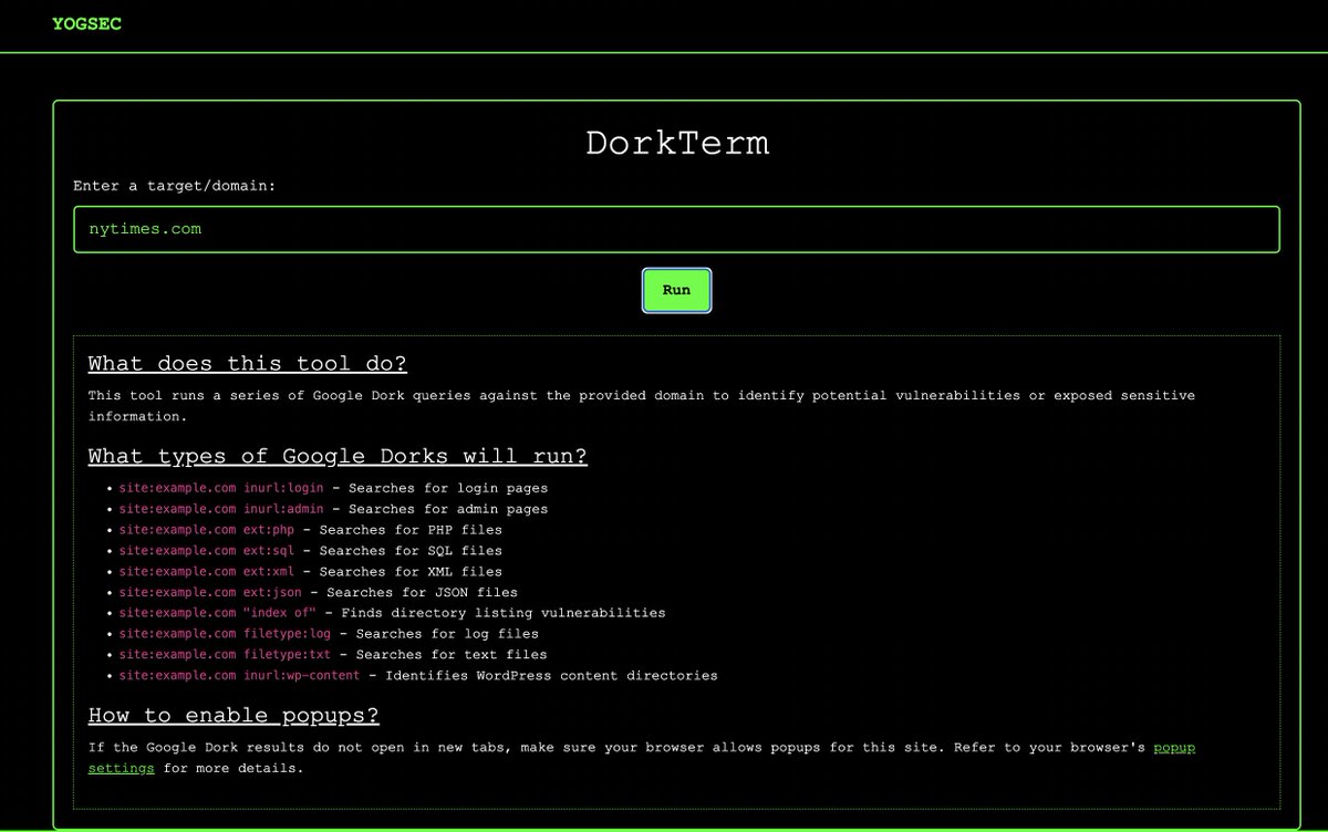 DorkTerm

A free online tool to research a target domain using Google Dorks. Search for login pages, admin panels, SQl files, log files and more.

yogsec.github.io/DorkTerm/

Creator <a href="/yogsec/">YogSec</a>

#osint #googledorks