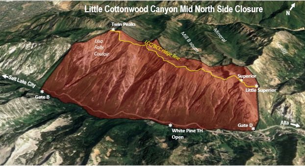 Backcountry Closure,  LCC Mid Canyon Northside.  Closed 10:00 pm 2/19/25 to 5:00pm 2/20/25. Please stay out of closure areas! Thanks!