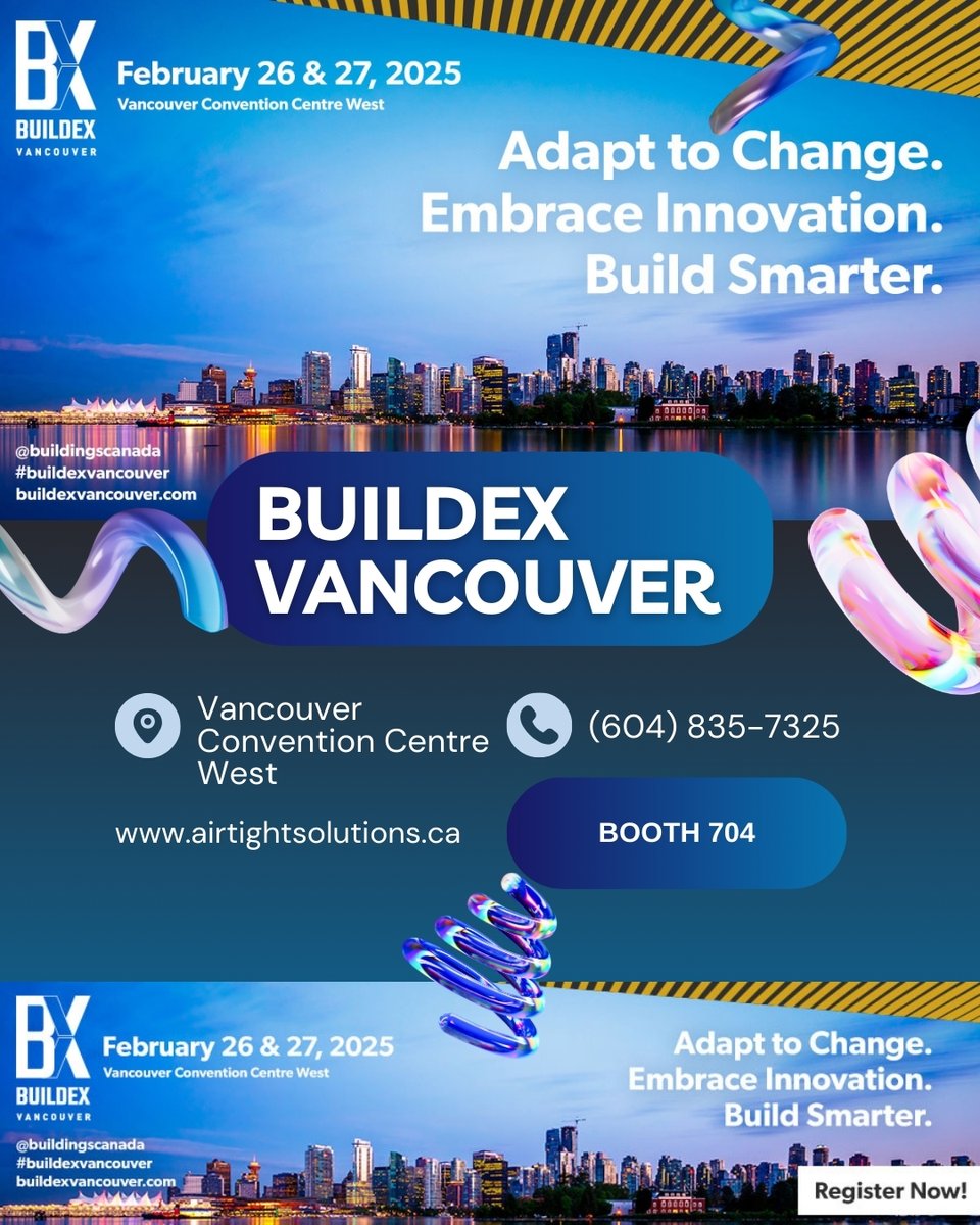 Airtight Solutions at #Buildex2025! We’re excited to be a part of Buildex Vancouver 2025, one of the largest construction events of the year! You can find us at BOOTH 704
#AirtightSolutions #BUILDEXVancouver #Construction #InnovativeServices #Vancouver #VancouverConventionCentre