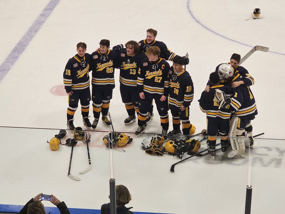 Saying goodbye. Bloomington Kennedy players gather for the last time after a 13-1 loss to Chisago Lakes in the Section4A quarterfinals. Mason Biermaier scored the final goal in team history at 0:45 of the third period.