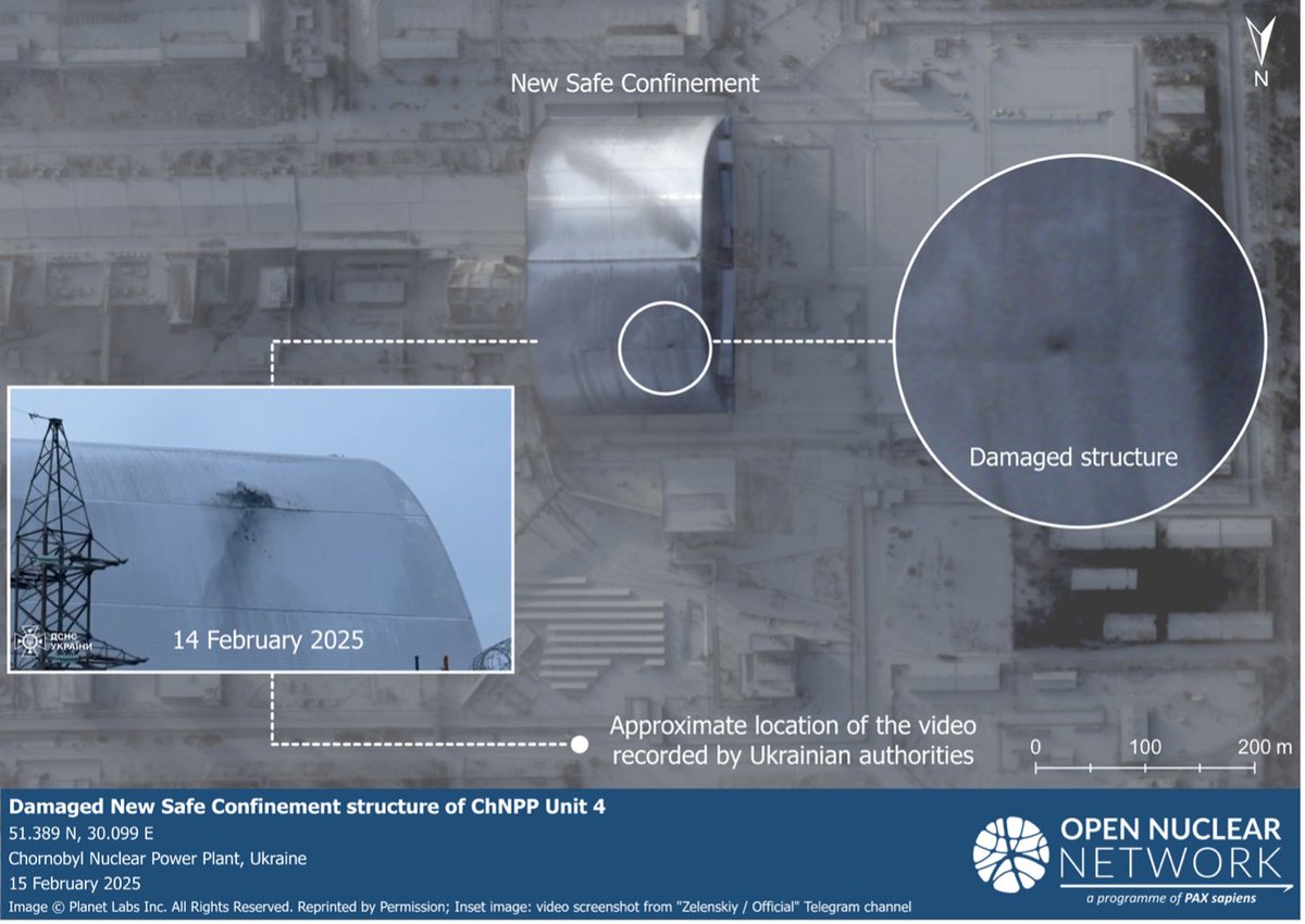 (2/6) However, no credible evidence has been identified to definitively attribute responsibility for the attack. Satellite imagery analysis by <a href="/OpenNuclear/">Open Nuclear Network</a> verifies Ukrainian video footage depicting a hole in the outer protective enclosure, see below: