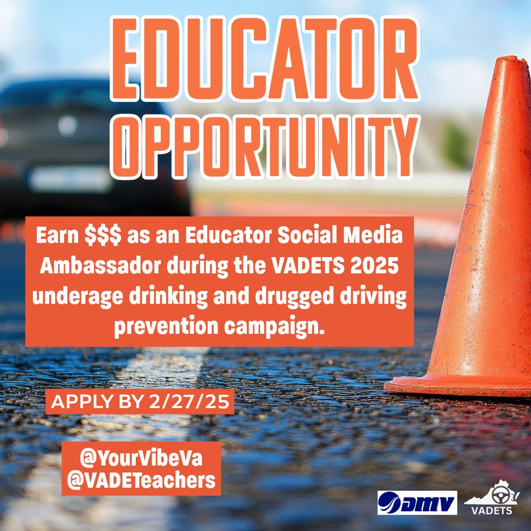 Educator Opportunity
Earn $$$ as an Educator Social Media Ambassador during the VADETS 2025 underage drinking and drugged driving prevention campaign. Apply today!
bit.ly/EAmbassadorSes…