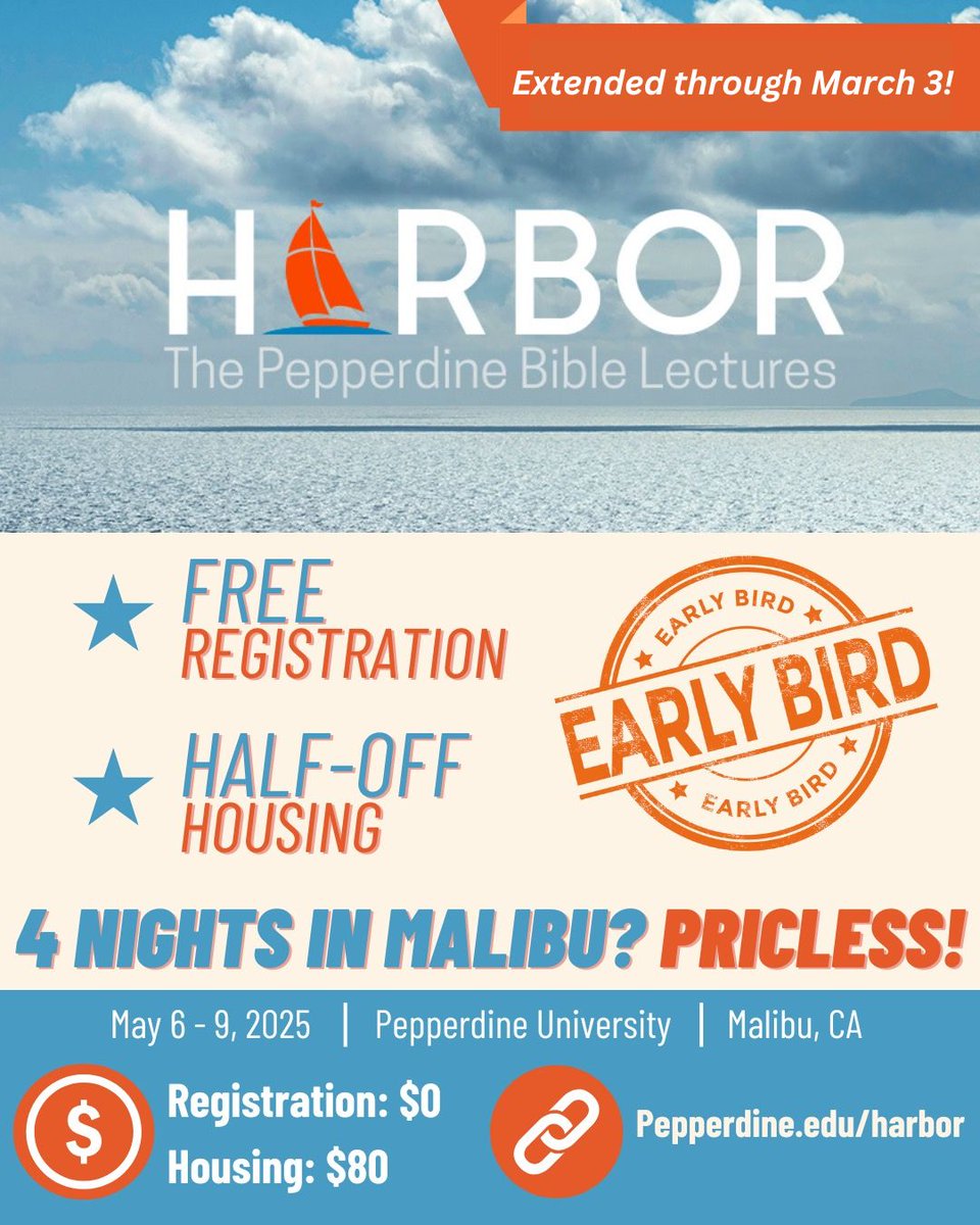 ⛵ BIG NEWS! ⛵ 

Early bird registration has been extended!

Join us for an unforgettable experience at Harbor 2025 in Malibu with FREE registration and half-off housing! 

#Harbor2025 #YourKingdomCome
