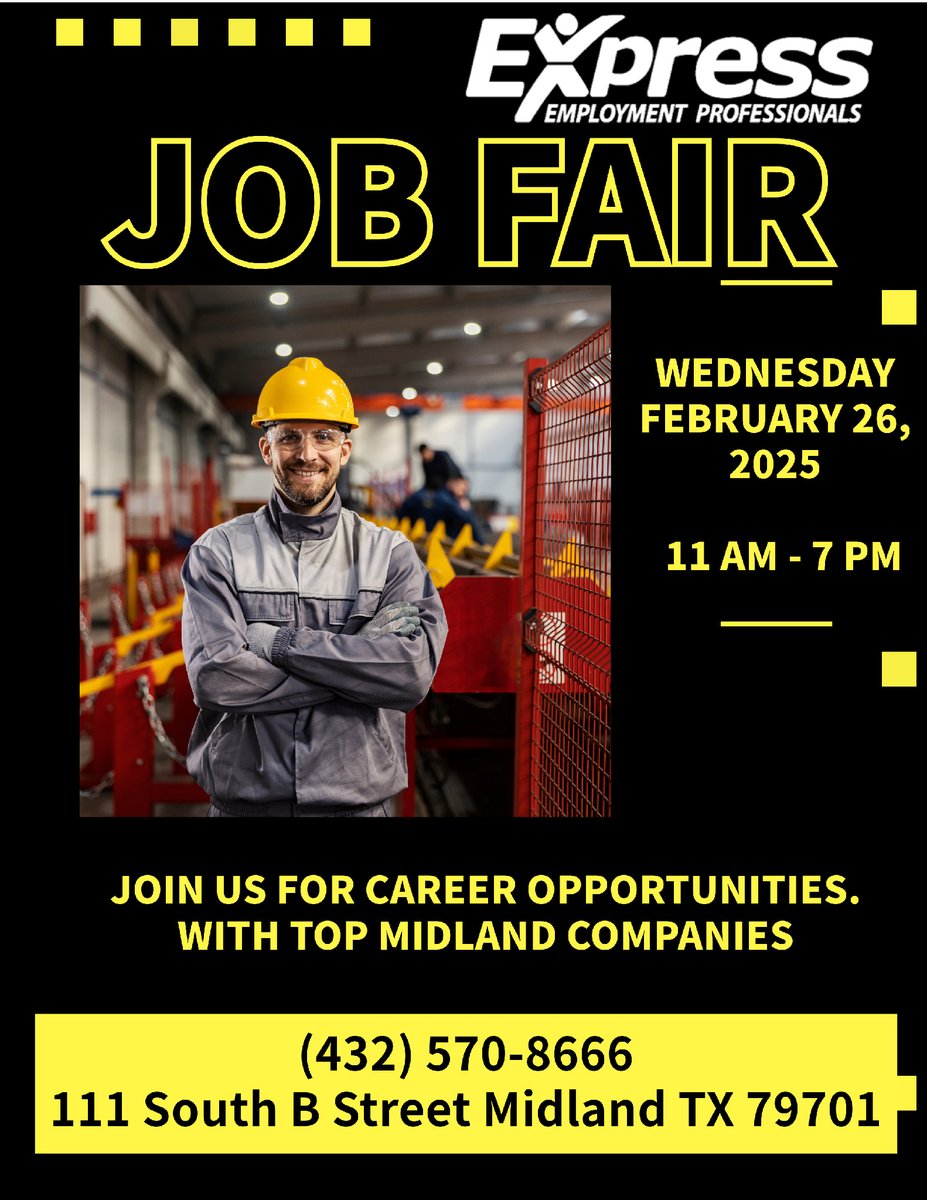 🚀 Job Fair Alert! 🚀Don't miss out! The Express Employment Professionals Job Fair is next week! Your chance to connect with top employers and find your dream job.

Save the Date 📲

#JobFair #ExpressPros #Midlandtx