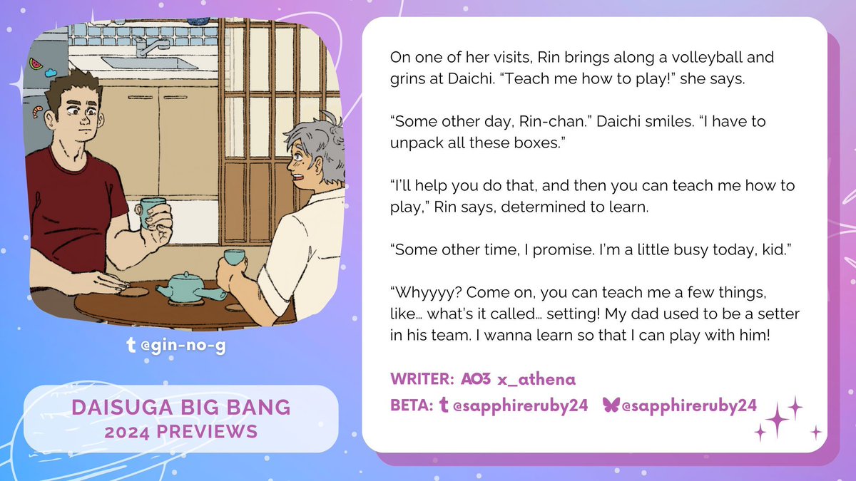Daichi cannot resist any charms from a Sugawara in this #DaiSuga Parent AU by our adorable writer x_athena on ao3, beta @sapphireruby24, and artist gin-no-g on Tumblr !