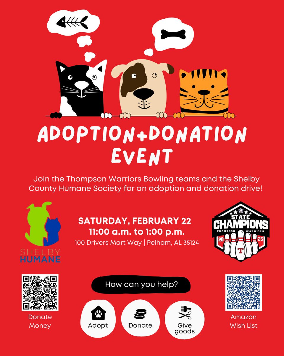 Thompson Bowling is very excited about the upcoming Adoption/Donation Drive with the Shelby County Humane Society on February 22 from 11-1.  We hope to have a huge turnout. 

Black QR Code: Donate Money

Blue QR Code: Amazon Wish List