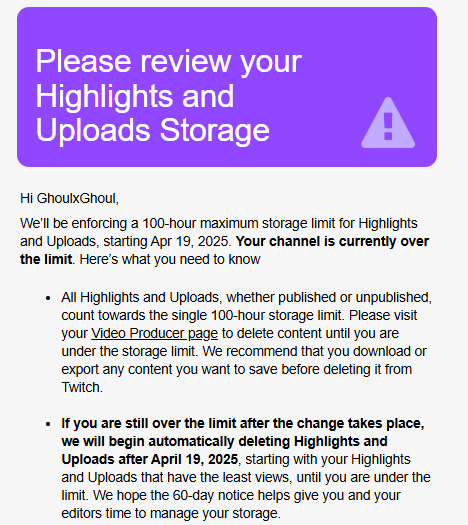 Good news and bad news:

Good News:
Because of the Twitch highlight feature, we have grown multiple YouTube channels and brought new people to Twitch and our channel!

Bad News: