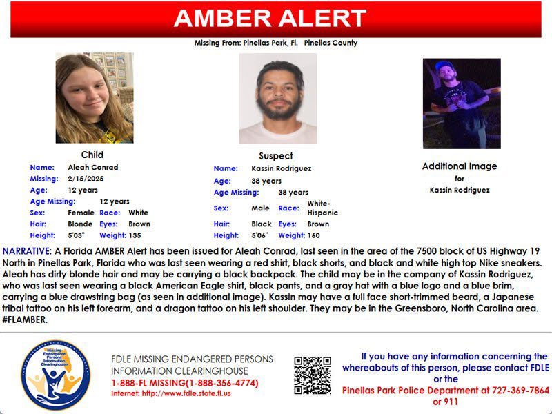 ****Amber Alert Cancelation****

Aleah Conrad has been located in Greensboro, NC and is safe. 
A warrant was signed earlier today for  Kassin Rodriguez for Interference with Child Custody and False Imprisonment. He is in custody in NC.
