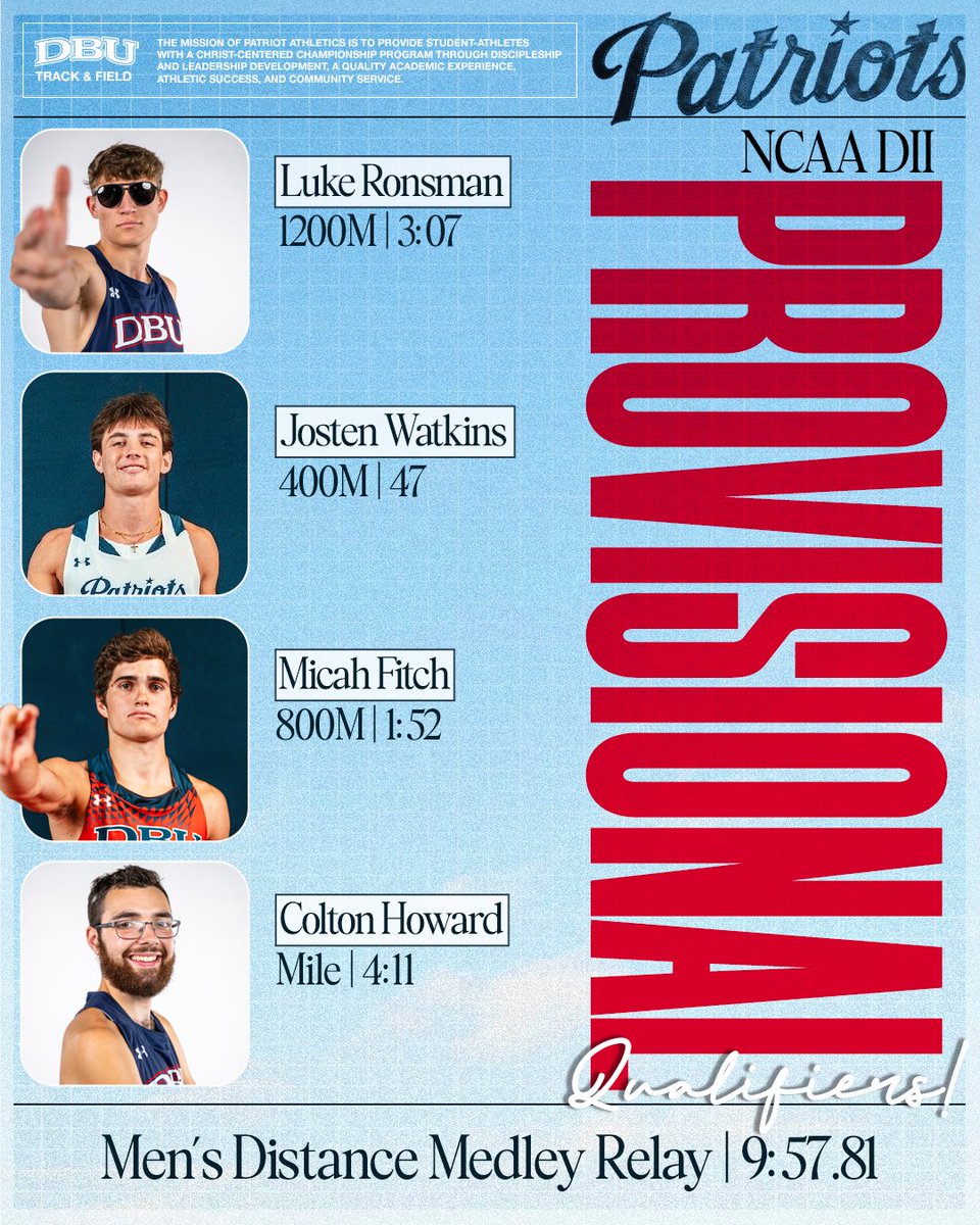 PROVISIONAL QUALIFIERS last weekend at Grand Valley! 🔥🔥🔥 

<a href="/DBUAthletics/">DBU Athletics</a>