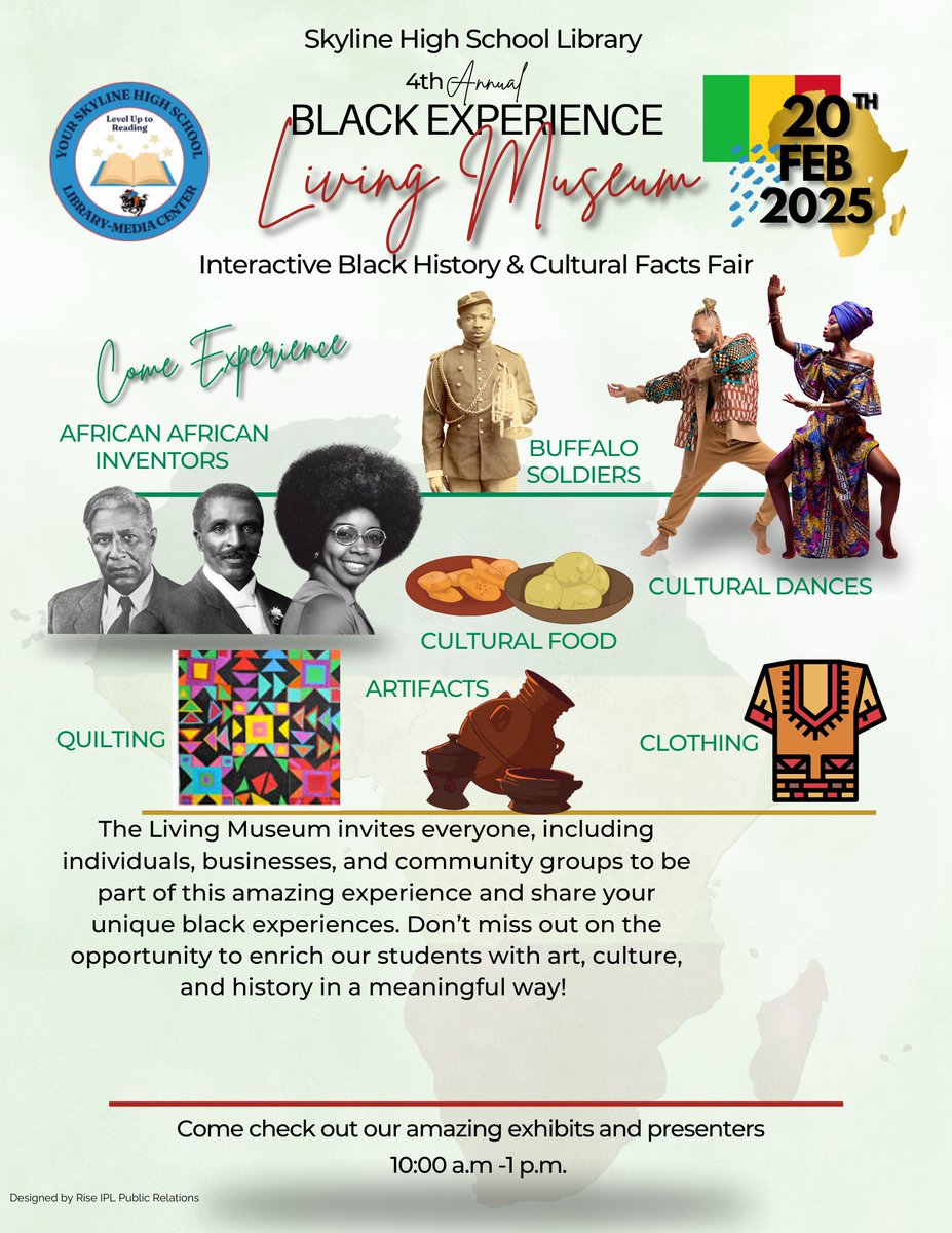 Skyline_Library (@skyline_library) on Twitter photo Your invited to experience our cultural exhibits and learn about the rich African Culture and Check out our special guest Buffalo Soldiers. <a href="/CharissaGovan/">Dr. Charissa Govan</a> <a href="/DISD_Libraries/">Dallas ISD Libraries</a> <a href="/DISDLibrarian/">Patricia Alvarado</a> @DISDREO <a href="/ProjectReadDISD/">Dallas ISD Project R.E.A.D.</a> <a href="/CharissaGovan/">Dr. Charissa Govan</a> <a href="/DallasISDSupt/">Dr. Stephanie S. Elizalde</a> <a href="/Skyline_Raiders/">Skyline High School</a> <a href="/HeatherHornor/">Heather Hornor (she/her)</a> Your invited to experience our cultural exhibits and learn about the rich African Culture and Check out our special guest Buffalo Soldiers. <a href="/CharissaGovan/">Dr. Charissa Govan</a> <a href="/DISD_Libraries/">Dallas ISD Libraries</a> <a href="/DISDLibrarian/">Patricia Alvarado</a> @DISDREO <a href="/ProjectReadDISD/">Dallas ISD Project R.E.A.D.</a> <a href="/CharissaGovan/">Dr. Charissa Govan</a> <a href="/DallasISDSupt/">Dr. Stephanie S. Elizalde</a> <a href="/Skyline_Raiders/">Skyline High School</a> <a href="/HeatherHornor/">Heather Hornor (she/her)</a>