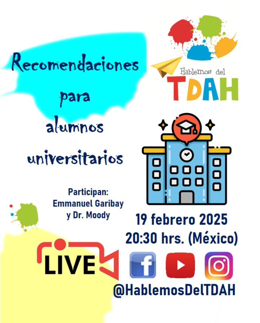 HablemosDelTDAH's tweet photo. Recomendaciones para alumnos universitarios. Este será el tema que discutiremos hoy en la transmisión en vivo de Hablemos del TDAH.
Los esperamos a las 8:30 p.m. tiempo del Centro de México.
#HablemosDeSaludMental #TDAH #HablemosDelTDAH #TDAHdelAdulto https://t.co/twVcgMTTiE