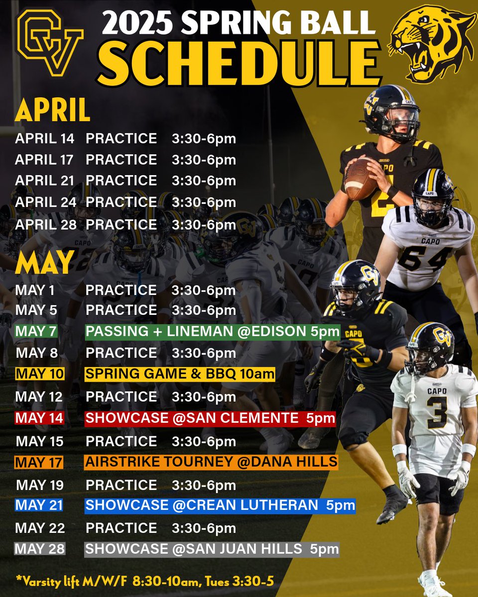 Capo Valley Football (@capofootball) on Twitter photo Spring Ball is just around the corner! Cougars kick off competition at <a href="/EdisonChargerFB/">Edison Football โก๏ธ</a>. Spring Game set for 5/10. Honored to be invited to 3 joint Showcases! Shoutout to <a href="/Tritonfootball/">Triton Football</a>, <a href="/CreanFootball/">Crean Lutheran Football</a> and <a href="/sjhhsfootball/">SJH Football</a> for hosting us during our stadium renovation #WeAreCV ๐ฏ๐ด Spring Ball is just around the corner! Cougars kick off competition at <a href="/EdisonChargerFB/">Edison Football โก๏ธ</a>. Spring Game set for 5/10. Honored to be invited to 3 joint Showcases! Shoutout to <a href="/Tritonfootball/">Triton Football</a>, <a href="/CreanFootball/">Crean Lutheran Football</a> and <a href="/sjhhsfootball/">SJH Football</a> for hosting us during our stadium renovation #WeAreCV ๐ฏ๐ด