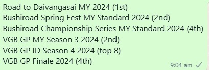 i guess is the end of the BCS season for me as i last min gotta work unable to attend BCS Indo. Good luck to those who are attending!
Never been so close to qualify either WGP finale or BCS worlds at the same time but fall short . 
Will try again harder this year 2025.