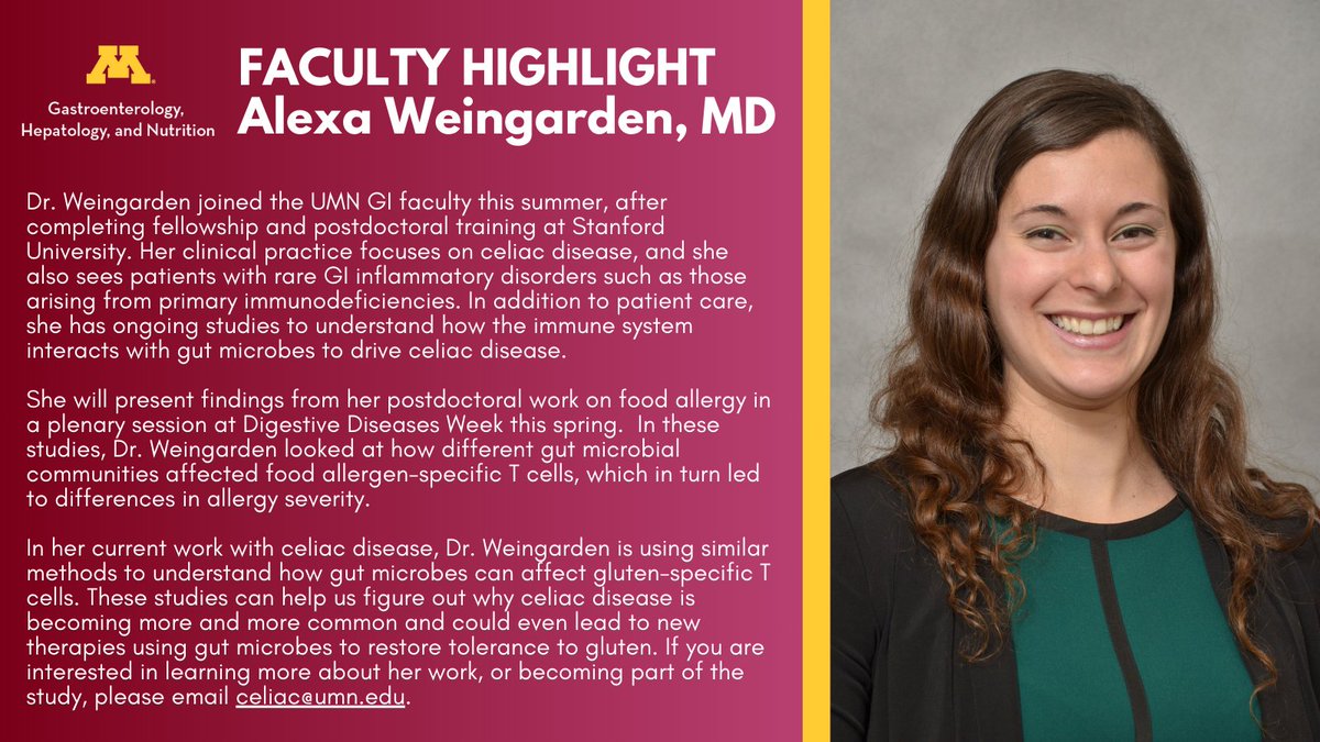 GI & Hepatology Division - University of Minnesota (@umn_gihep) on Twitter photo 🚨Faculty Highlight🚨
Dr. Alexa Weingarden (<a href="/AlexaWeingarden/">Alexa Weingarden MD PhD</a>) joined <a href="/UMN_GIHep/">GI & Hepatology Division - University of Minnesota</a> this summer!
She studies how the immune system interacts with gut microbes to drive celiac disease.
She will present findings from her work on food allergy in a plenary session at #DDW2025! 👏 🚨Faculty Highlight🚨
Dr. Alexa Weingarden (<a href="/AlexaWeingarden/">Alexa Weingarden MD PhD</a>) joined <a href="/UMN_GIHep/">GI & Hepatology Division - University of Minnesota</a> this summer!
She studies how the immune system interacts with gut microbes to drive celiac disease.
She will present findings from her work on food allergy in a plenary session at #DDW2025! 👏