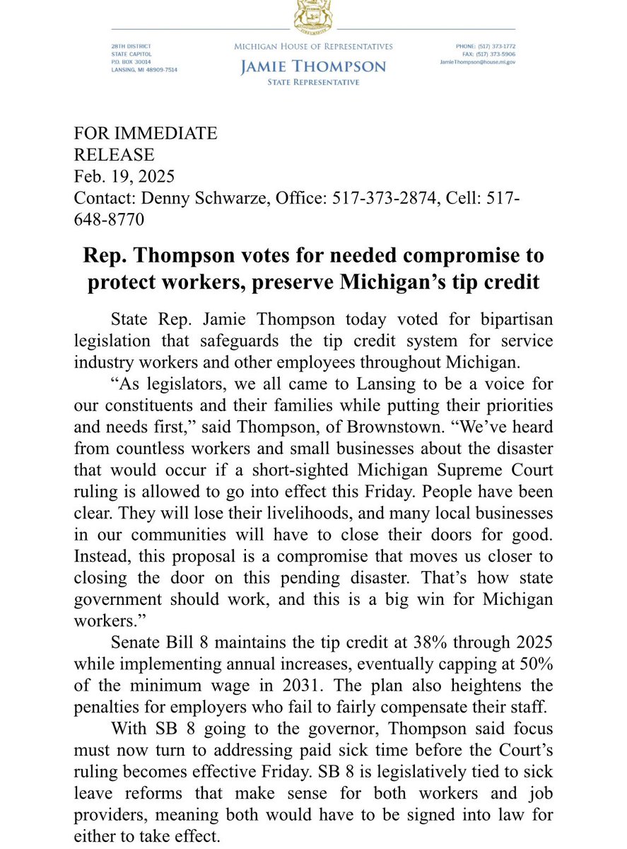 repjthompson's tweet photo. Today I stood in support of SB 8… in order to save Tipped Wage in Michigan. It is not perfect legislation but it is the best compromise we could get. If we do nothing Businesses will close. Friday the 21st in the deadline. #SaveMITips #supportlocal https://t.co/KMWDT5pRfs