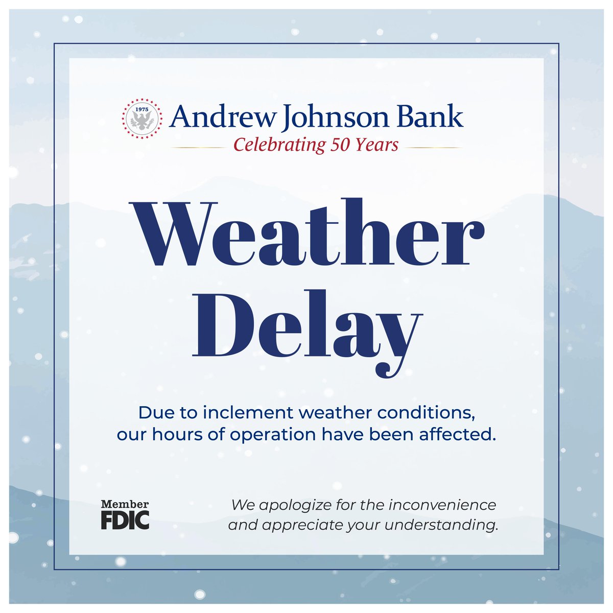 ❄️ Due to weather conditions and to ensure the safety of our staff and customers, all branches will open at 10:00 a.m. tomorrow, February 20th.

Member FDIC | AJBank.com | #banklocal