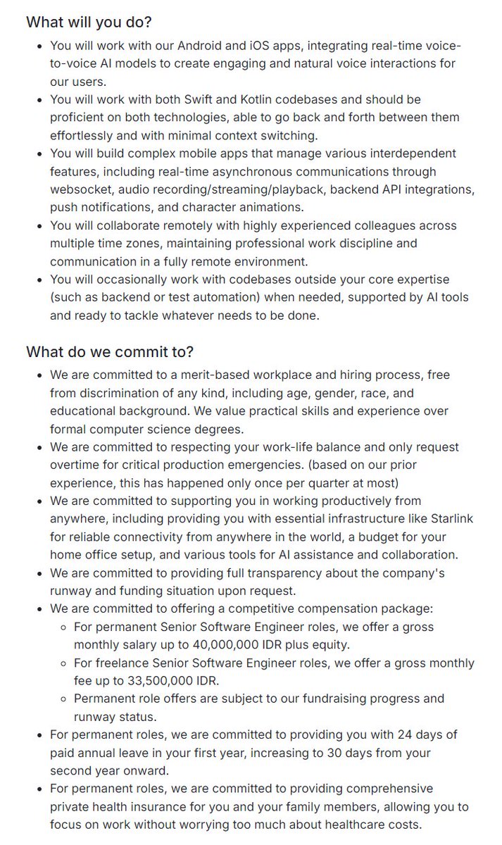 ibamarief's tweet image. Asah AI, an early-stage US startup, is looking for a Senior Dev, 5-10+ YoE, strong in both Swift &amp;amp; Kotlin, to join us building empathic voice AI product 🫶🏻

2 months freelance at start, can convert to Permanent as we fundraise more 💰

💵 Up to Rp40 mio/month gross, link below 👇🏻
