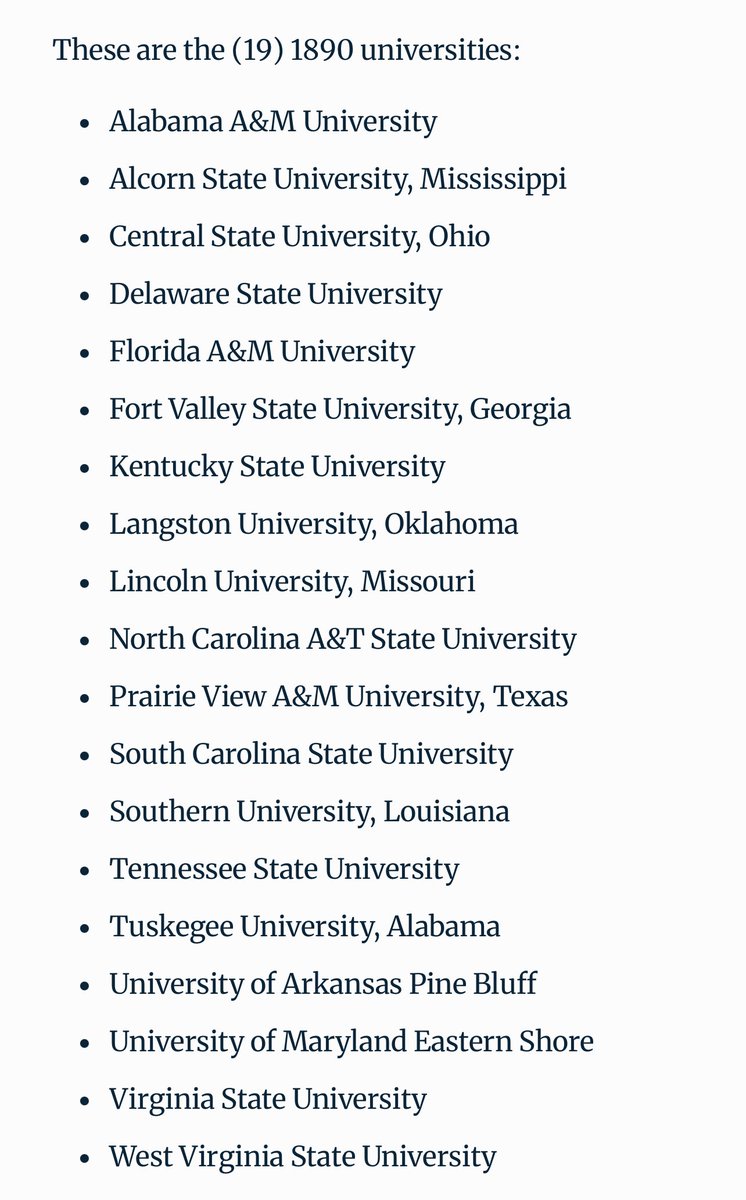 DNjtrenton's tweet photo. The president has ended the 1890 National Scholars program. Yall really thought that man was going to do more for HBCUs than a woman who graduated from Howard… Fucking idiots. 

These were the schools that receive funding from the program… https://t.co/qBAcM4YyFF