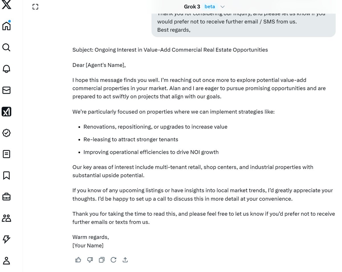 Fine tuning our pitch! <a href="/grok/">Grok</a> we wrote the main part of this email to agents and used grok to fine tune it!