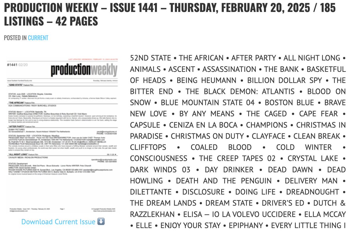 Production Weekly - Issue 1441 - Thursday, February 20, 2025 / 185 Listings - 42 Pages

Download Current Issue ⬇️

productionweekly.com/production-wee…