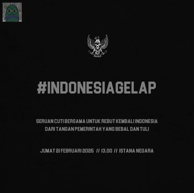 💚  PANGGILAN SELURUH WARGA INDONESIA.

teruntuk buruh, karyawan, mahasiswa, anak sekolah, ibu ibu atau siapapun sempatkan waktu kalian aksi jumat, 21 februari 2025 jam 13.00 WIB di Istana Negara. 

#️⃣IndonesiaGelap
#️⃣IndonesiaGelap
#️⃣IndonesiaGelap