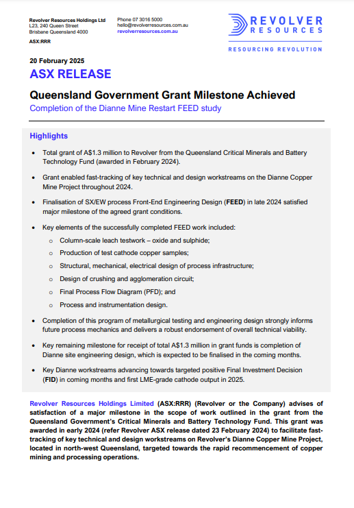 RevolverRes's tweet photo. Milestone achieved! We've completed the FEED study for the Dianne Copper Mine Restart, a key step under the A$1.3M @QldGov grant. With FID targeted soon, we're advancing fast: https://t.co/KO2i5Kongt
$RRR #RevolverResources https://t.co/oxeiS6kRx2