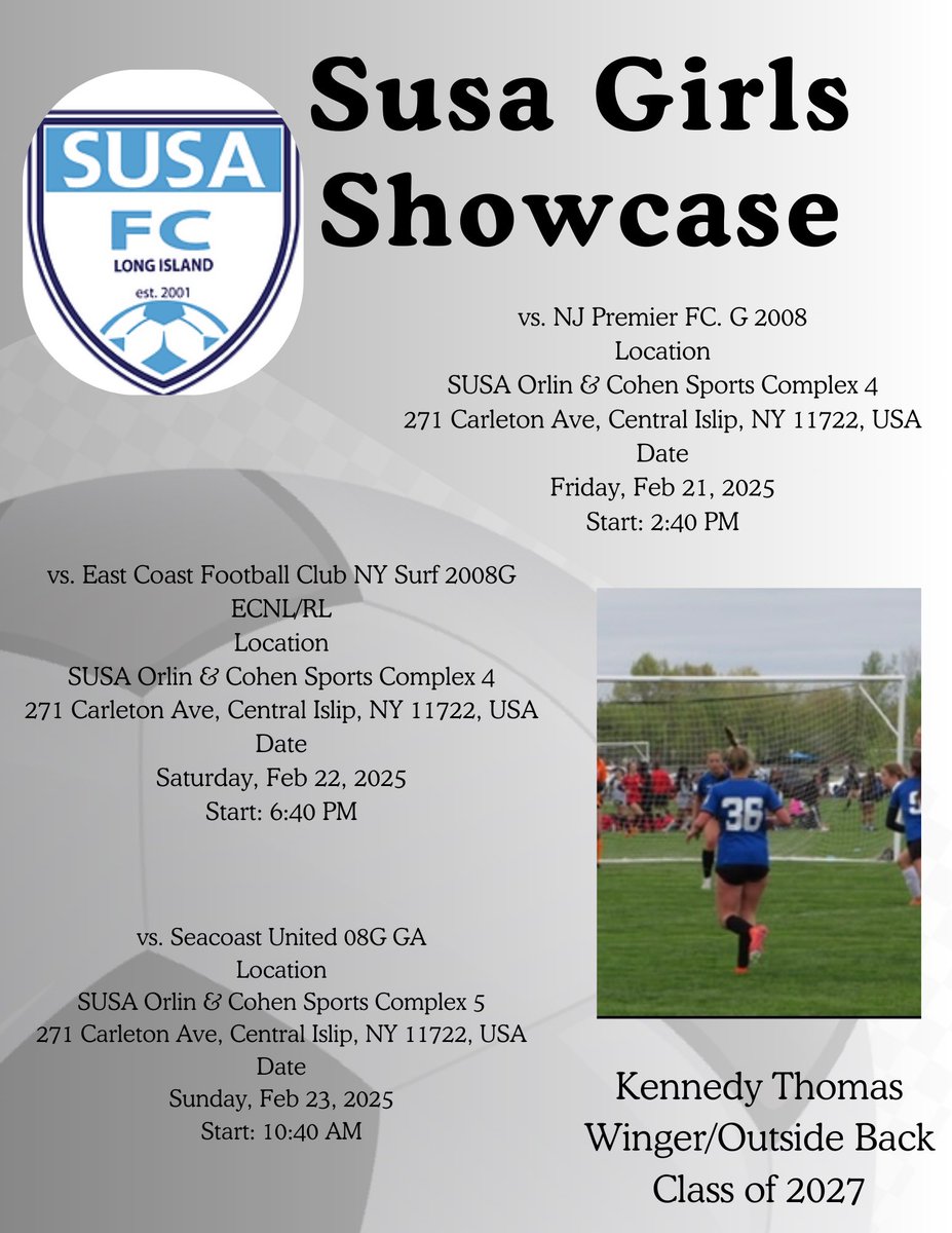 Kennedy Thomas (@kennedythomas36) on Twitter photo This weekend my team and I are traveling to New York to compete in the Susa Girls Showcase. Looking forward to being back in action!! <a href="/PennFCYouth/">PennFC Youth</a> <a href="/ESU_WSoccer/">ESU Women's Soccer</a> <a href="/PennBerks/">PSU Berks Women’s Soccer</a> <a href="/VILLEwsoc/">Millersville Women's Soccer</a> <a href="/DSUwomensSoccer/">DeSales Women's Soccer</a> This weekend my team and I are traveling to New York to compete in the Susa Girls Showcase. Looking forward to being back in action!! <a href="/PennFCYouth/">PennFC Youth</a> <a href="/ESU_WSoccer/">ESU Women's Soccer</a> <a href="/PennBerks/">PSU Berks Women’s Soccer</a> <a href="/VILLEwsoc/">Millersville Women's Soccer</a> <a href="/DSUwomensSoccer/">DeSales Women's Soccer</a>